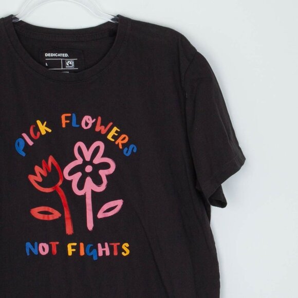 Dedicated Womens Pick Flowers Not Fights Graphic T Shirt Size L Gray Crewneck - Picture 2 of 7
